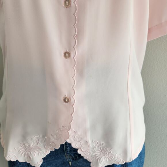 Vintage 80s Joanna Pink Embroidered Scalloped Button Down Short Sleeve Blouse M - Picture 4 of 10